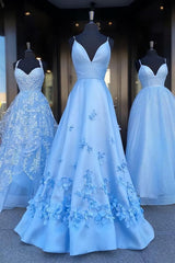 Charming Blue Spaghetti Straps V Neck Flowers Long Prom Dresses, Satin Unique Formal Dresses