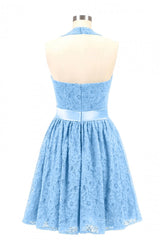 Halter Blue Lace Short A-line Bridesmaid Dress