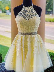 Halter Neck Short Yellow Lace Prom Dressses, Backless Short Yellow Lace Formal Homecoming Dresses