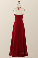 Halter Wine Red Empire A-line Long Bridesmaid Dress