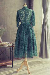 High Neck Half Sleeves Green Lace Prom Dress, Green Lace Formal Graduation Homecoming Dress