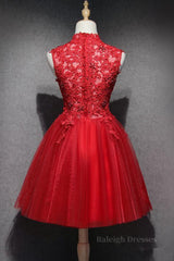 High Neck Red Lace Short Prom Dress, Red Lace Homecoming Dress, Red Formal Graduation Evening Dress