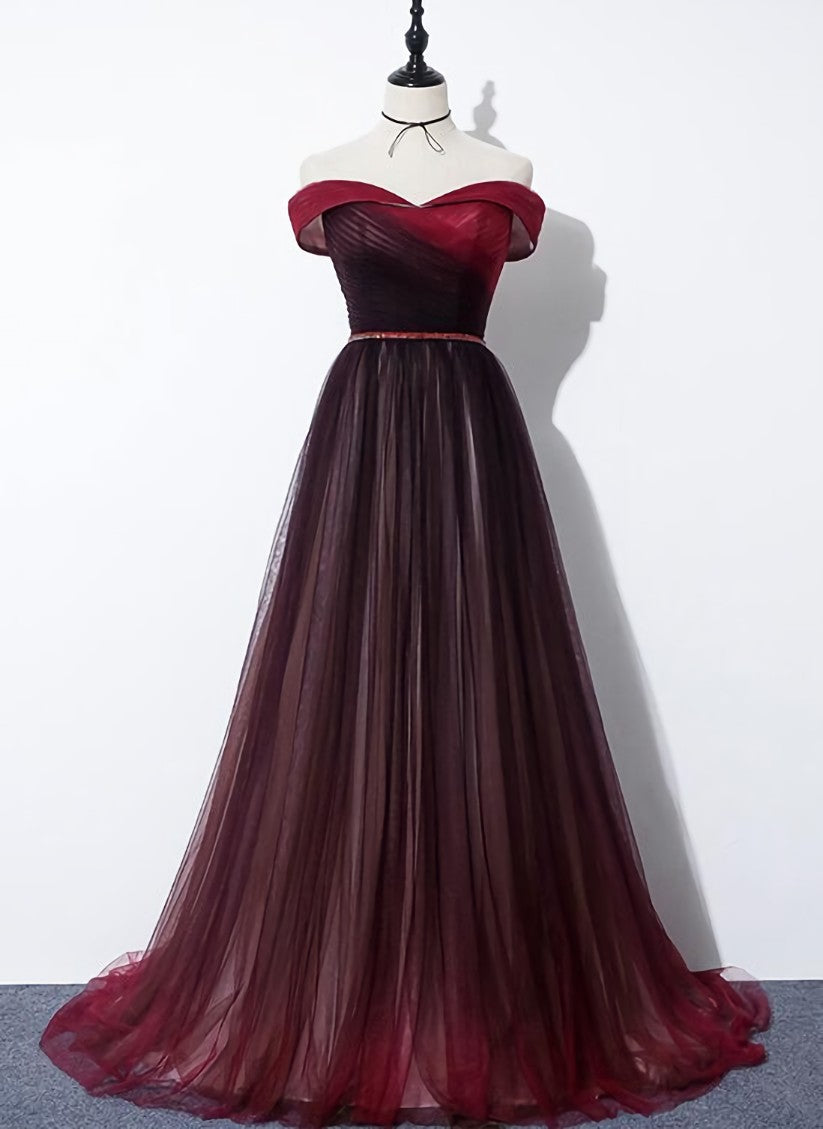 High Quality Gradient Dark Red Sweetheart Long Prom Dress, Tulle Evening Dress