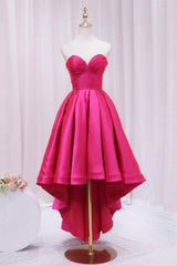 Hot Pink Satin High Low Prom Dress, Cute Sweetheart Neck Evening Party Dress