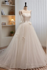 Ivory Bow Tie Shoulder Pearl Bows Tulle Long Wedding Dress