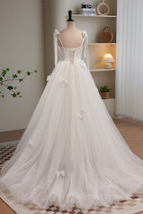 Ivory Bow Tie Shoulder Pearl Bows Tulle Long Wedding Dress