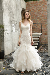 Ivory Mermaid Tulle Lace Appliques V-neck Wedding Dresses with Cascading Ruffles
