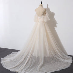 Ivory Tulle V-neckline Straps Off Shoulder Long Evening Dress, A-line Prom Dress Party Dress
