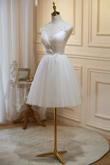 Ivory V Neck Tulle Lace Knee Length Prom Dress, Cute A-Line Homecoming Dress