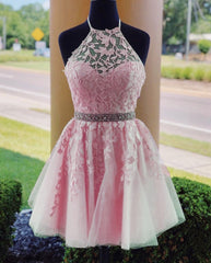Lace Embroidery Halter Tulle Homecoming Dresses Cross Back