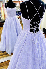 Lavender Spaghetti Strap Sparkly Prom Dress Long, Shiny Long Evening Dress