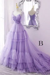 A Line V Neck New Style Tiered Long Tulle Prom Dress, Evening Gown with Flower