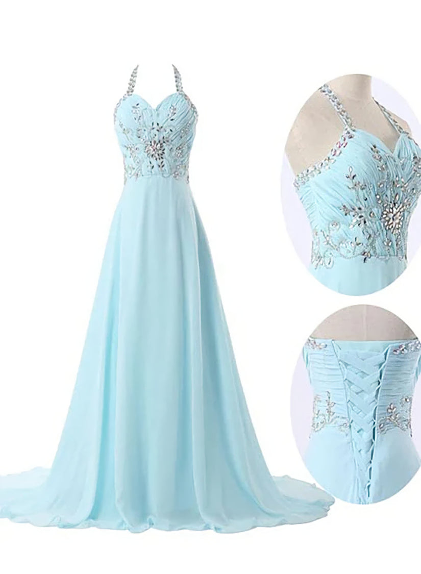 Light Blue Straps Chiffon Beaded Long Formal Dress, Charming Party Gowns