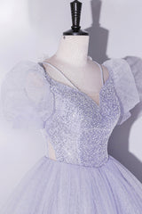 Light Blue Tulle Sequins Prom Dress, Scoop Neck Short Sleeve Puffy Floor-Length Evening Dress