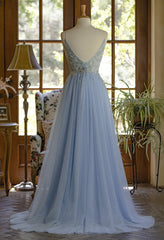 Light Blue Tulle V-neckline Straps with Lace Long Party Dress, Blue A-line Prom Dress