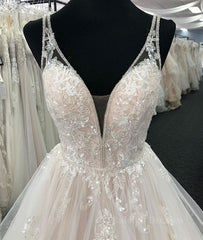 Light champagne v neck tulle lace long prom dress, wedding dress