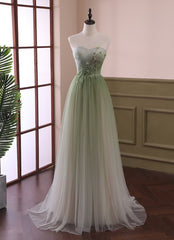 Light Green Gradient Tulle Long Formal Dress, Green Beaded Sweetheart Prom Dresses