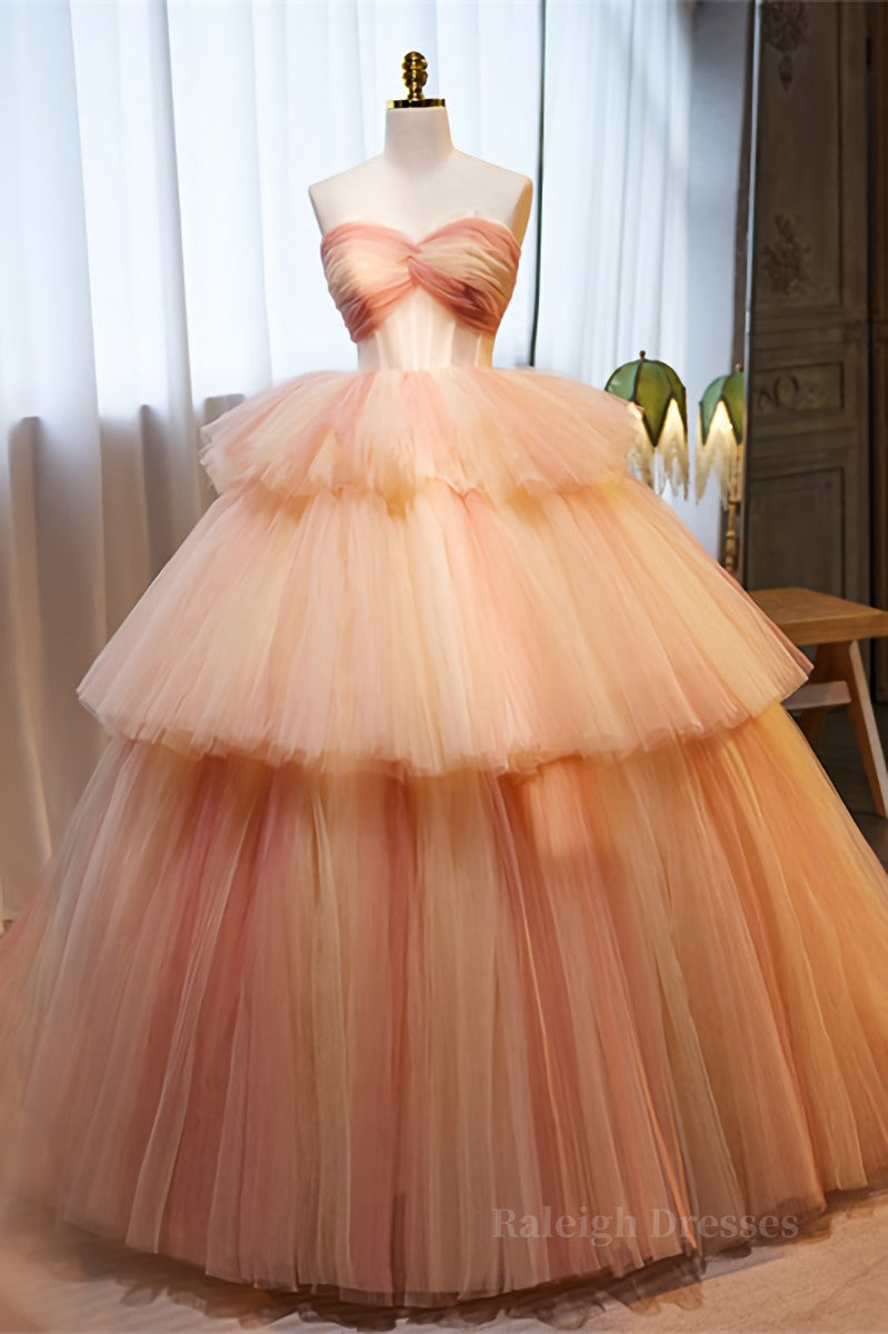 Light Orange Strapless A-line Multi-Layers Long Prom Dress