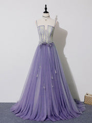 Light Purple Lace Top and Tulle A-line Straps Evening Dress Formal Dress, Purple Prom Dress