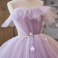 Light Purple Tulle Ball Gown Long Sweet 16 Dress, Off Shoulder Light Purple Formal Dress