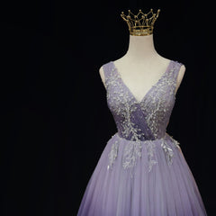 Light Purple Tulle Gradient Lace Applique Formal Dress, Long Prom Dress