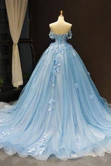 Light Sky Blue Off the Shoulder Ball Gown Tulle Prom Dress with Applique
