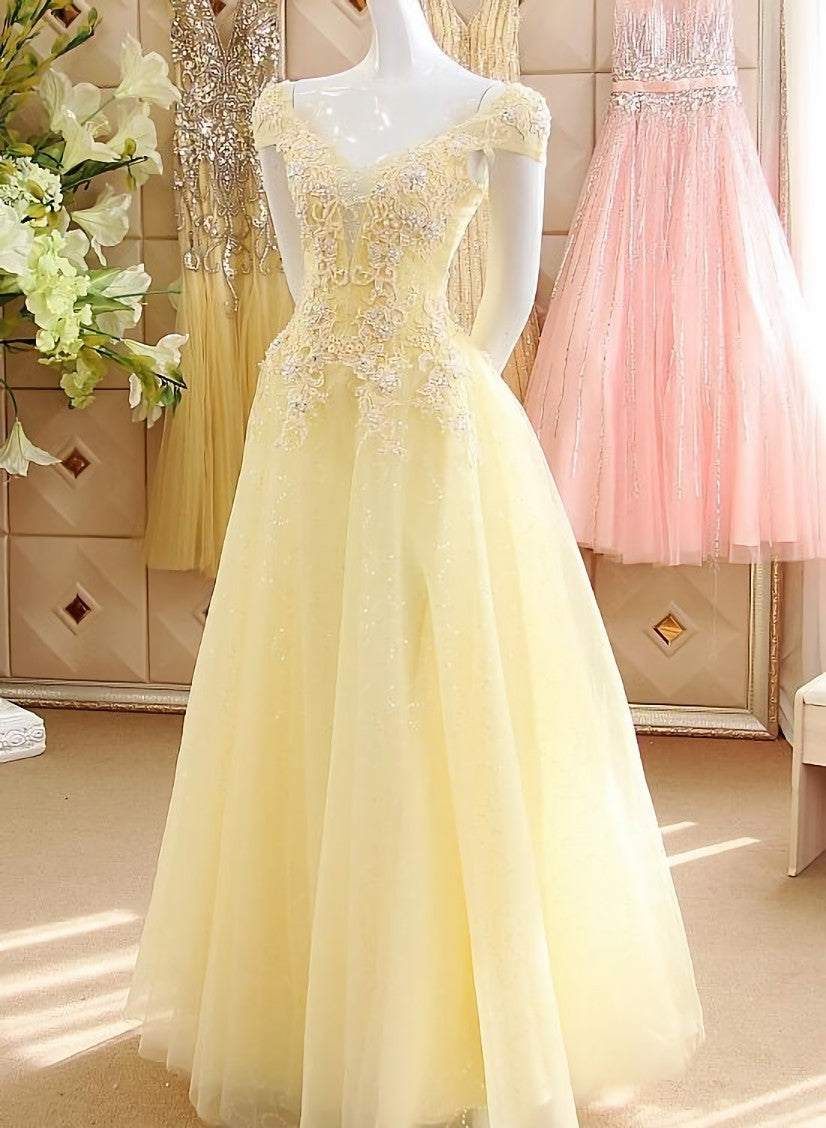 Light Yellow Tulle Cap Sleeves with Lace Applique Prom Dress, Yellow Long Evening Dress