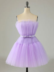 Purple Strapless Tulle Knee Length Party Dress, A-Line Homecoming Dress