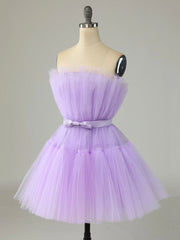 Purple Strapless Tulle Knee Length Party Dress, A-Line Homecoming Dress