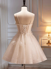 Champagne Spaghetti Strap Party Dress, Cute A-Line Evening Dress Homecoming Dress