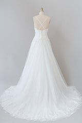 Long A-line Spaghetti Strap Applique Tulle Backless Wedding Dress