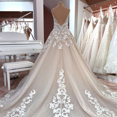 Long A-Line V-neck Spaghetti Straps Backless Appliques Lace Tulle Wedding Dress