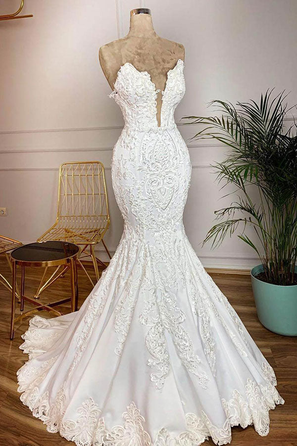 Long Mermaid Strapless Appliques Lace Satin Wedding Dress