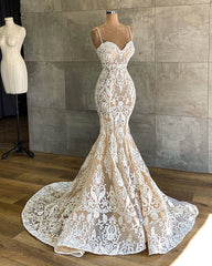 Long Mermaid Sweetheart Spaghetti Straps Appliques Lace Wedding Dress