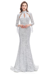 Long Sleeve Mermaid Prom Dresses Silver Sequins Trumpet