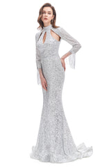 Long Sleeve Mermaid Prom Dresses Silver Sequins Trumpet