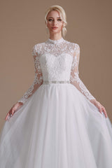 Long Sleeves High Neck with Tulle Train Full A-Line Wedding Dresses