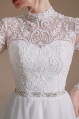Long Sleeves High Neck with Tulle Train Full A-Line Wedding Dresses