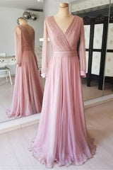 Long Sleeves V Neck Pink Chiffon Long Prom Dress, Long Sleeves Pink Bridesmaid Dress, Pink Formal Evening Dress