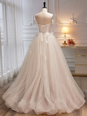 Spaghetti Strap Tulle Champagne Long Prom Dress, Champagne Evening Party Dress