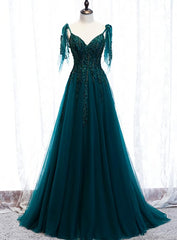 Lovely A-line Straps Tulle Teal Blue Long Evening Dress Prom Dress, A-line Formal Dresses