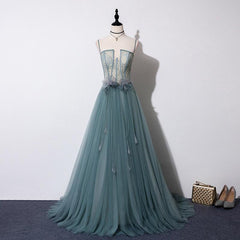 Lovely Green Tulle Lace Top Long Strapless Handmade Prom Dress,Tulle Evening Dress Party Dress