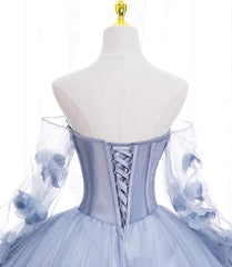 Lovely Light Blue Tulle Long Sleeves Sweet 16 Dress, Light Blue Flowers Formal Dress.