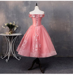 Lovely Pink Off Shoulder Party Dress, Lace Applique Prom Dress