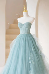Lovely Sweetheart Neckline Tulle Long Prom Dress with Lace, Strapless Evening Dress