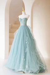 Lovely Sweetheart Neckline Tulle Long Prom Dress with Lace, Strapless Evening Dress