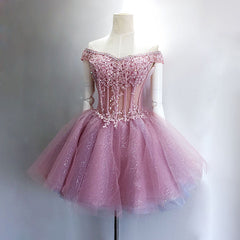 Lovely Tulle Light Pink-Purple Mini Party Dress, Lovely Off Shoulder Lace-up Homecoming Dress