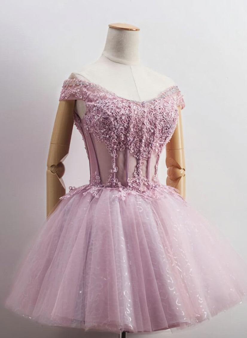 Lovely Tulle Light Pink-Purple Mini Party Dress, Lovely Off Shoulder Lace-up Homecoming Dress