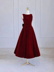 Burgundy Tea Length Velvet Prom Dress with Bowknot,  Burgundy Evening Party Dress