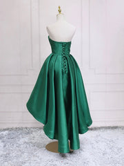 Green Satin High Low Party Dresses, Strapless Green Homecoming Dresses